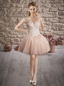 Smart Pink Tulle Lace Up Prom Evening Gown Sleeveless Mini Length Beading and Lace
