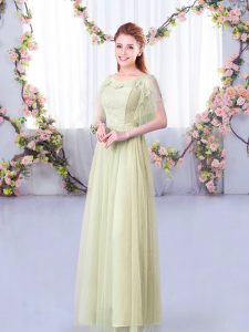 Adorable Yellow Green Tulle Side Zipper Bridesmaids Dress Short Sleeves Floor Length Lace and Belt
