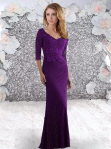 Custom Design Purple Zipper V-neck Lace Prom Dresses Lace Half Sleeves Sweep Train