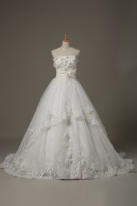 Tulle Strapless Sleeveless Brush Train Lace Up Lace and Appliques and Hand Made Flower Wedding Dresses in White