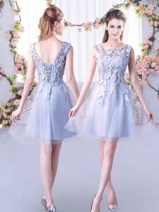 Superior Grey Tulle Lace Up Bridesmaids Dress Sleeveless Mini Length Lace