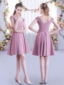 Classical Pink A-line Straps Cap Sleeves Chiffon Mini Length Zipper Ruching Dama Dress for Quinceanera