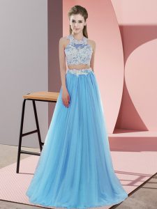 Lace Court Dresses for Sweet 16 Baby Blue Zipper Sleeveless Floor Length