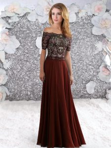 Burgundy Empire Beading and Lace Prom Dresses Zipper Chiffon Short Sleeves Floor Length
