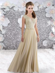 Pretty Beading and Lace Prom Gown Champagne Zipper Sleeveless Floor Length