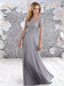 Custom Made Silver Empire Chiffon Scoop 3 4 Length Sleeve Lace Floor Length Zipper Evening Dress