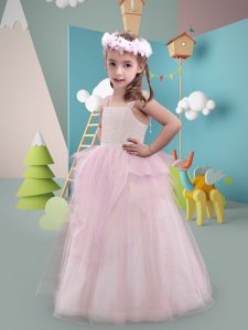Designer Sleeveless Floor Length Lace Zipper Flower Girl Dresses with Pink