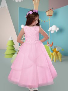 Dynamic Pink Tulle Zipper Scoop Sleeveless Ankle Length Flower Girl Dresses Lace