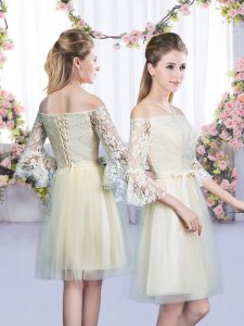 Unique Champagne Off The Shoulder Neckline Lace and Bowknot Court Dresses for Sweet 16 3 4 Length Sleeve Lace Up