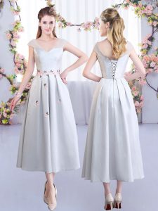 Silver Cap Sleeves Satin Lace Up Bridesmaid Dress for Wedding Party