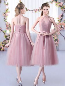Sweet Pink Halter Top Neckline Appliques and Belt Bridesmaid Gown Sleeveless Lace Up