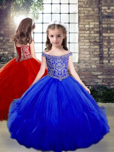 Royal Blue Tulle Side Zipper Little Girls Pageant Dress Wholesale Sleeveless Floor Length Beading