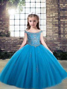 Baby Blue Little Girls Pageant Dress Wholesale Party and Wedding Party with Beading Off The Shoulder Sleeveless Lace Up
