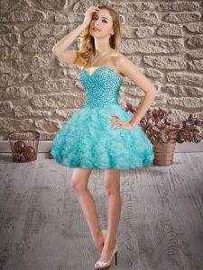 Cheap Sleeveless Fabric With Rolling Flowers Mini Length Lace Up Celebrity Prom Dress in Aqua Blue with Beading