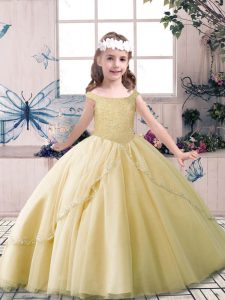 Champagne Lace Up Little Girls Pageant Gowns Beading Sleeveless Floor Length