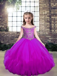 High Quality Fuchsia Tulle Lace Up Little Girl Pageant Gowns Sleeveless Floor Length Beading