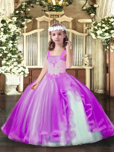 Luxurious Floor Length Lilac Little Girls Pageant Dress Wholesale Tulle Sleeveless Beading