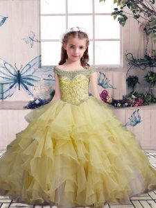 Trendy Yellow Sleeveless Beading and Ruffles Floor Length Pageant Gowns For Girls