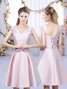 Edgy Baby Pink Satin Lace Up Bridesmaid Dresses Sleeveless Mini Length Bowknot