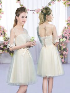Half Sleeves Tulle Mini Length Lace Up Damas Dress in Champagne with Lace and Bowknot