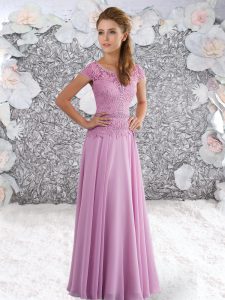 Customized Lilac Empire Scoop Short Sleeves Chiffon Floor Length Zipper Beading and Lace Dress for Prom