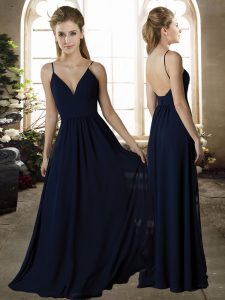 Navy Blue Backless Spaghetti Straps Ruching Wedding Party Dress Chiffon Sleeveless