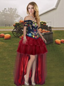 A-line Dress for Prom Wine Red Off The Shoulder Organza Sleeveless High Low Lace Up