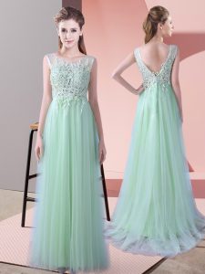 Apple Green Quinceanera Court Dresses Wedding Party with Beading and Lace Scoop Sleeveless Brush Train Zipper