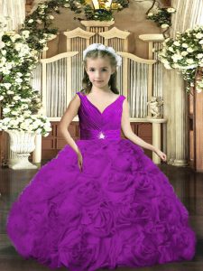 Sleeveless Fabric With Rolling Flowers Floor Length Backless Pageant Gowns in Purple with Beading and Ruching