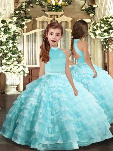 Wonderful Aqua Blue Ball Gowns Organza Halter Top Sleeveless Beading and Ruffled Layers Floor Length Backless Girls Page