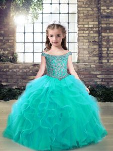 Off The Shoulder Sleeveless Winning Pageant Gowns Floor Length Beading and Ruffles Aqua Blue Tulle