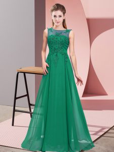 Dark Green Sleeveless Floor Length Beading and Appliques Zipper Bridesmaid Dress
