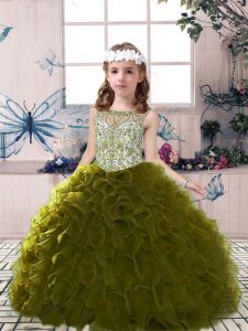 Olive Green Lace Up Kids Formal Wear Beading and Ruffles Sleeveless Floor Length