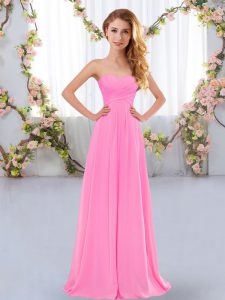 Fantastic Sleeveless Chiffon Floor Length Lace Up Dama Dress for Quinceanera in Rose Pink with Ruching