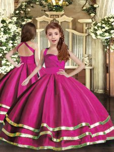 Super Sleeveless Floor Length Ruffled Layers and Ruching Lace Up Glitz Pageant Dress with Fuchsia