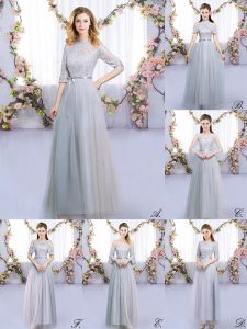 Lace and Belt Wedding Guest Dresses Grey Zipper Half Sleeves Floor Length