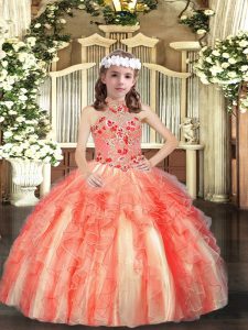 Tulle Halter Top Sleeveless Lace Up Appliques and Ruffles Kids Formal Wear in Orange Red