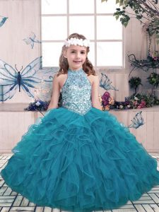 Trendy Floor Length Teal Pageant Gowns For Girls Halter Top Sleeveless Lace Up