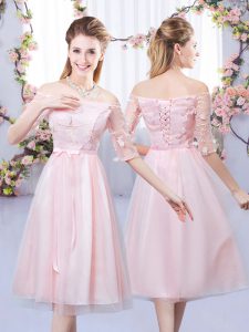 Tea Length Baby Pink Wedding Guest Dresses Tulle Half Sleeves Lace and Belt