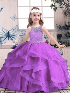 Popular Floor Length Lace Up Pageant Dresses Purple for Party and Sweet 16 and Wedding Party with Beading and Ruffles