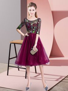 Fuchsia Empire Scoop Half Sleeves Tulle Knee Length Lace Up Embroidery Wedding Guest Dresses