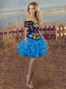 Glittering Blue And Black Lace Up Off The Shoulder Embroidery and Ruffles Homecoming Dress Organza Sleeveless