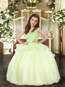 Sleeveless Organza Floor Length Lace Up Pageant Dress in Yellow Green with Beading