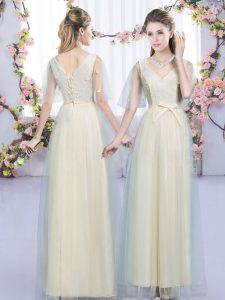 Admirable Floor Length Champagne Wedding Guest Dresses Tulle Sleeveless Lace and Bowknot