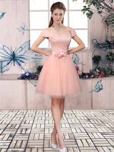 Empire Prom Dress Pink Off The Shoulder Tulle Short Sleeves Mini Length Lace Up