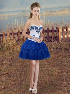 Exquisite Mini Length Royal Blue Prom Gown Organza Sleeveless Embroidery and Ruffled Layers