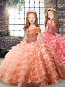 Organza Straps Long Sleeves Brush Train Lace Up Beading and Ruffled Layers Pageant Gowns For Girls in Orange