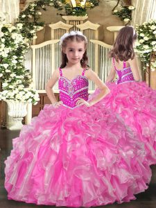 Perfect Rose Pink Organza Lace Up Straps Sleeveless Floor Length Girls Pageant Dresses Beading and Ruffles