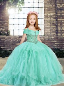 Fantastic Apple Green Tulle Lace Up Pageant Gowns For Girls Sleeveless Floor Length Beading