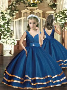 Navy Blue Backless Pageant Gowns For Girls Beading Sleeveless Floor Length